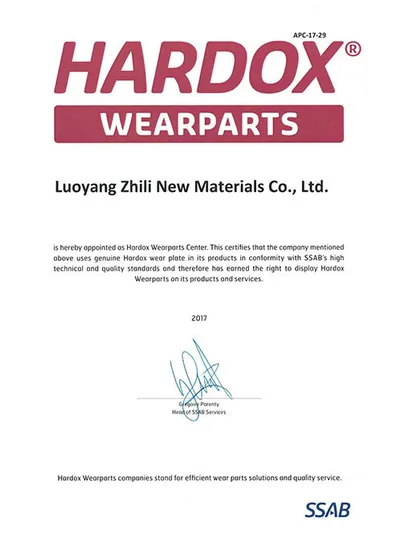 Hardox Wearparts Authorized Center certificate APC-17-29 issued by SSAB Sweden