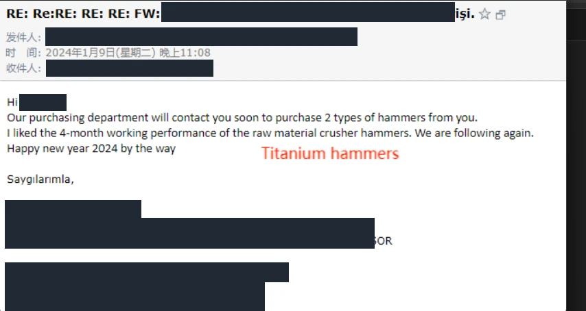 Redacted customer email reporting four months of raw-material crusher hammer performance